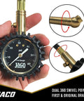 Front view of JACO ElitePro tire pressure gauge with brass body, black dial, 60 psi max.