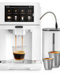 No Hassle Super Automatic Espresso Maker With Built In Grinder And Creamy Milk Frother, 19 Killer Drink Options Like Lattes And Cappuccinos, Self Cleaning Top Shelf Coffee Machine For Chill Mornings brewing espresso in a glass.