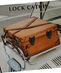 Vintage suitcase with retro style duckbilled toggle hasp lock for wooden tool boxes, jewelry boxes, cabinets, and chests. Easy DIY install.