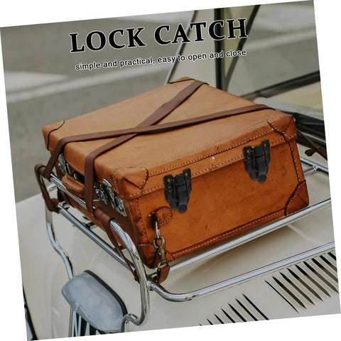 Vintage suitcase with retro style duckbilled toggle hasp lock for wooden tool boxes, jewelry boxes, cabinets, and chests. Easy DIY install.