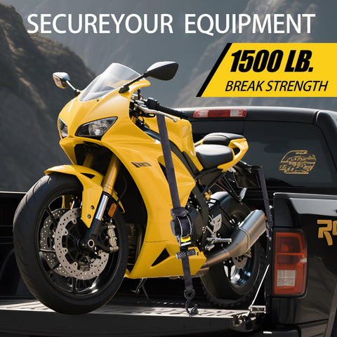 Heavy Duty 1 Inch By 10 Foot Retractable Ratchet Straps Set With Soft Loop Handles securing motorcycle on truck bed