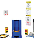 Built Like A Tank Steel Hydraulic Hand Pump Trailer Lock System Captures Icc Bar On Semi Trailers With Loud Beeping Alarm Flashing Lights And Bright Blue Yellow Coating display with control panel, caution signs, yellow and green lights.