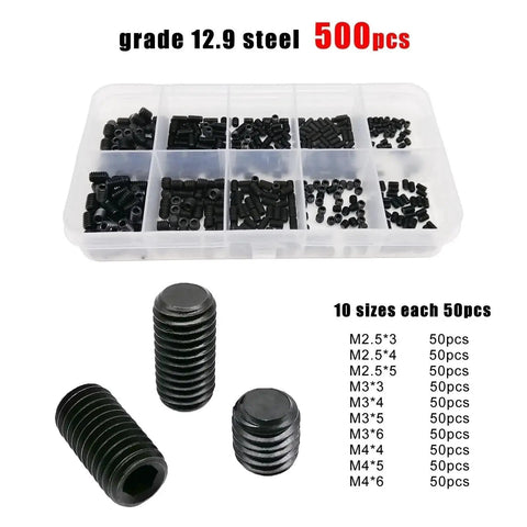 Massive 1000pcs M2 M3 M4 DIN913 Black Stainless Steel Hex Socket Allen Grub Screws Kit in storage box