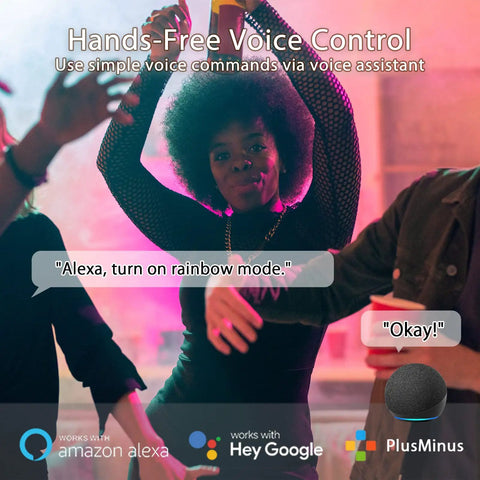 Group of people using Four Pack A19 Color Changing Smart Bulbs 800 Lumens 7.5W 60W Eq E26 with voice control, showing "Alexa, turn on rainbow mode."