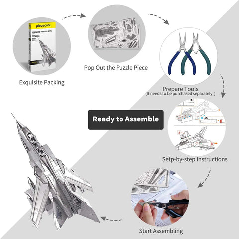 Assembly steps for 3D Metal Puzzle Tornado Fighter Jet Kit for Adults and Teens, 83-piece DIY military aircraft model