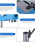 Built Tough As Nails Cast Iron Arbor Press With Dead Simple Auto Reset Spring Loaded Handle For Benchtop Shaft Punching Bending And Quick Stretching Projects showing cast iron base, adjusting device, and high-performance spring.