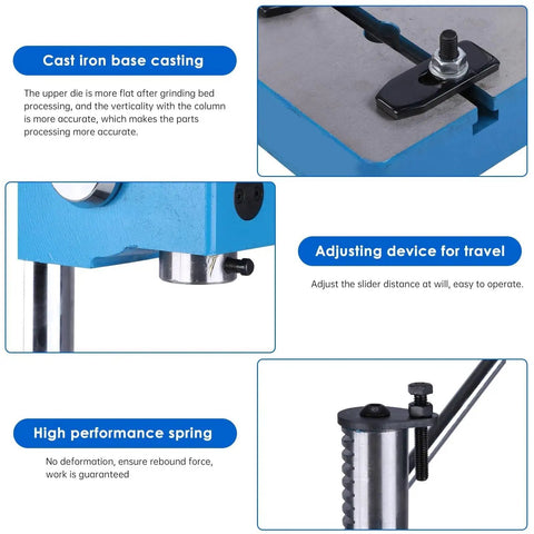 Built Tough As Nails Cast Iron Arbor Press With Dead Simple Auto Reset Spring Loaded Handle For Benchtop Shaft Punching Bending And Quick Stretching Projects showing cast iron base, adjusting device, and high-performance spring.