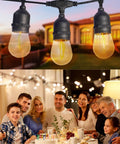 50 Foot Solar Outdoor String Lights With Remote, 15 Shatterproof Edison LED Bulbs, over a cozy outdoor family gathering.