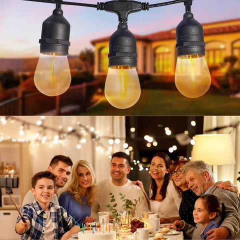 50 Foot Solar Outdoor String Lights With Remote, 15 Shatterproof Edison LED Bulbs, over a cozy outdoor family gathering.