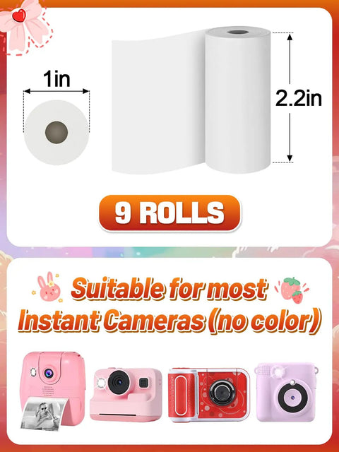 Nine 1Inch By 2Point2Inch Kid Camera Paper Roll Refills For Instant Print White Thermal Paper For Kids Photo Printer No Fuss Replacement Rolls 9 Pack Compatible With Most Kid Cameras Non Toxic, 9 rolls