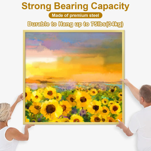 Two people hanging a sunflower painting with Beefy 372 Piece Picture Hanging Kit With Nails Sawtooth Hangers Hooks Ring Holes.
