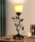 Touch Control Table Lamp With Two USB Ports, 3-Way Dimmable Bedside Light, Amber Glass Shade, Vintage Bronze Leaf Design on table