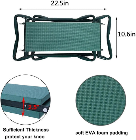 Top view of 2-In-1 Garden Stool And Kneeler With Tool Bags And Kneeling Pad, Portable Garden Bench showing dimensions and thick padding.