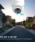 Solar Powered Outdoor Security Camera Kit With 2 4GHz WiFi 360 Degree PTZ Spotlight And Siren mounted on residential property.