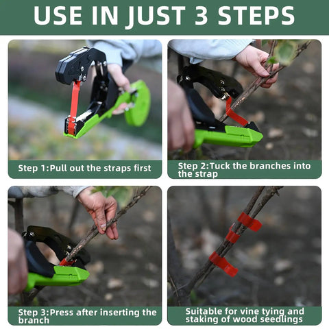 Lightweight Plant Tying Machine for Vines With 45mm Opening, Grab And Go Tapener Gun in use with steps on branches