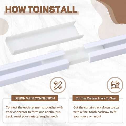Self-Adhesive Ceiling Curtain Track Rail 11 Ft No-Drill No-Damage Peel-and-Stick For Windows Cabinets Closets Bathrooms Shower Curtains Room Dividers Instant Privacy Easy DIY Install, connected white rail sections