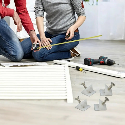 Couple assembling furniture with 30 Pack Drawer Wedges With Screws For Bottom Support Replacement Brackets in foreground