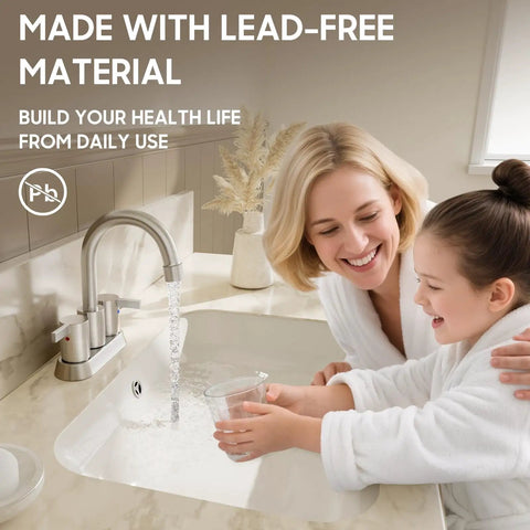 Brushed Nickel 4 Inch Centerset Bathroom Faucet With Two Handles Lead Free And Durable Includes Copper Pop Up Drain
