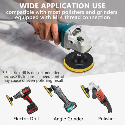 Pro Grade Rock Solid 15 Piece Diamond Polishing Pad Kit For 4 Inch Surfaces used with angle grinder on marble surface