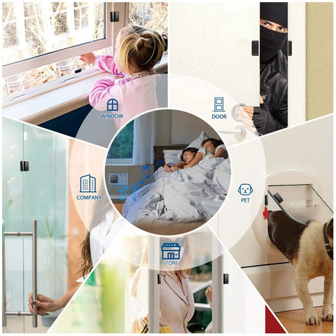 Collage demonstrating uses of Wireless Door Chime For Home Office Store with child, pet, home security in center.