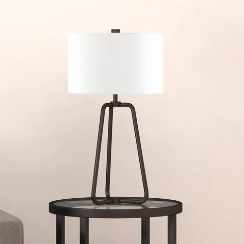 Cool Tall Table Lamp 25.5 Inches With Blackened Bronze Finish And White Fabric Drum Shade on round glass-top side table
