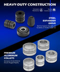 Orion Motor Tech exhaust pipe expander kit components; gray aluminum collets and steel spacers, front view