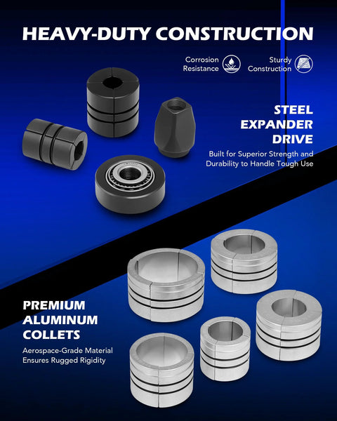 Orion Motor Tech exhaust pipe expander kit components; gray aluminum collets and steel spacers, front view