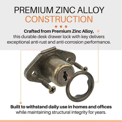 Heavy Duty Desk Drawer Lock With Key Keeps Filing Cabinets Locked Up Tight Using Top Shelf Zinc Alloy Antique Bronze Hardware.