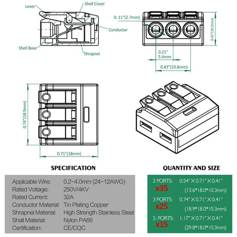 Diagram of 75 Piece Lever Wire Connector Kit For DIY Electrical Projects, showcases dimensions and specifications for connectors.