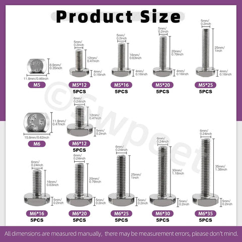 Detailed image of 50Pcs T Slot Bolt Kit With 10 Sizes M5 M6 In Stainless Steel Hammer Head Bolts for CNC and woodworking.