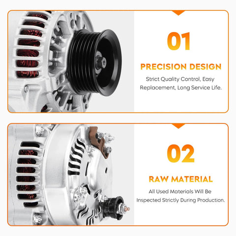 Front and side view of Beefed Up Replacement Alternator for Jeep Wrangler 4.0L 1991 to 1998, showing precision design.