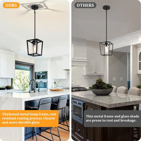 Comparison of black pendant lights for kitchen island, modern lantern fixtures with clear glass shades, showing durability and design differences.