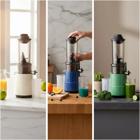 Baoblaze Vertical Cold Press Juicer, Masticating Extractor With Pulp And Juice Separation in white, blue, and green finishes.