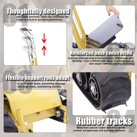 Close-up of Huge Load Power Lift: Electric Stair Climbing Dolly showing reinforced base and rubber tracks for durability and stability.