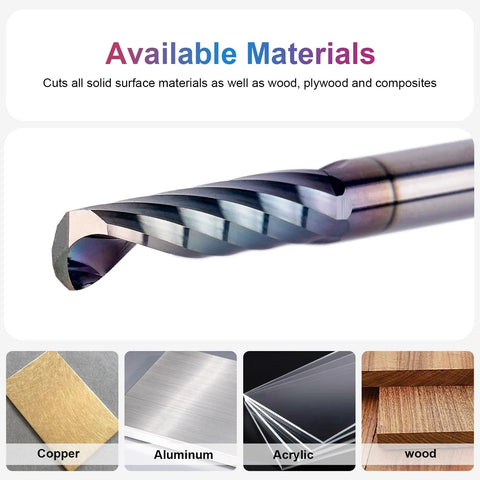 SpeTool O-flute CNC router bit, 1/4 in shank, 1 in cutting length, single-flute end mill (side view)
