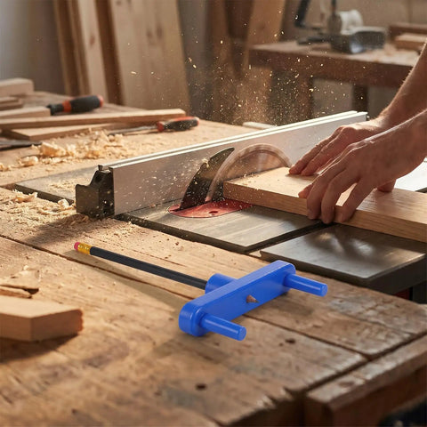 Hella Precise Center Finder Tool Set For Weekend Warriors Pro Level Center Marking Gauge and Scriber Positioner in a woodworking shop.