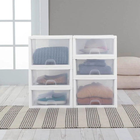 6 Pack 16 Quart Stacking Storage Drawers For Closet Organization, clear plastic modular drawers with white frame, stacked