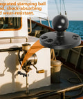 Heavy Duty Trolling Motor Stabilizer Mount For Terrova Riptide Terrova Ulterra PowerDrive on boat, close-up of ball head.