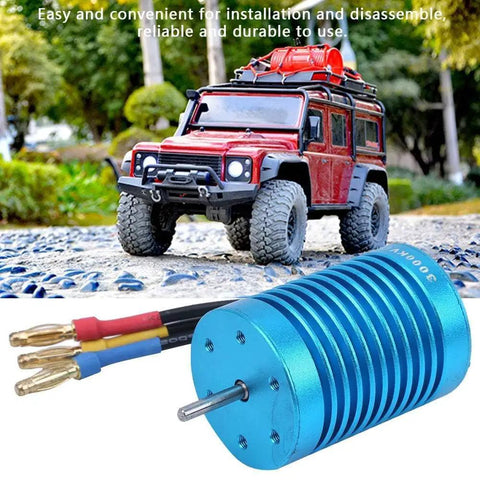 High Torque 4 Pole Brushless RC Motor 3000KV 13T for 1/10 Scale RC Cars, shown with a red RC car background.