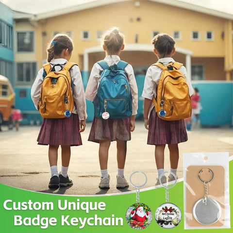 100 Sets Of 58mm Button Maker Supplies For Pins And Keychains, children with backpacks displaying keychains and badge keychain options