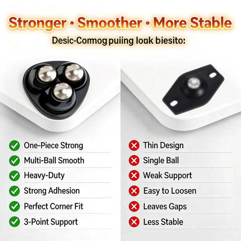Self-Adhesive Ball Casters With 360 Degree Swivel, Mini Universal Caster Wheels For Countertops, Equipment And Small Furniture, Peel And Stick Install, No Drill, Black, 4 Pack shown in close-up comparison with single ball design.