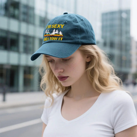 Woman wearing Relaxed Fit RV Camper Hat For Men With Tow It Vibe Vintage Camping Truck Cap Adjustable Strap