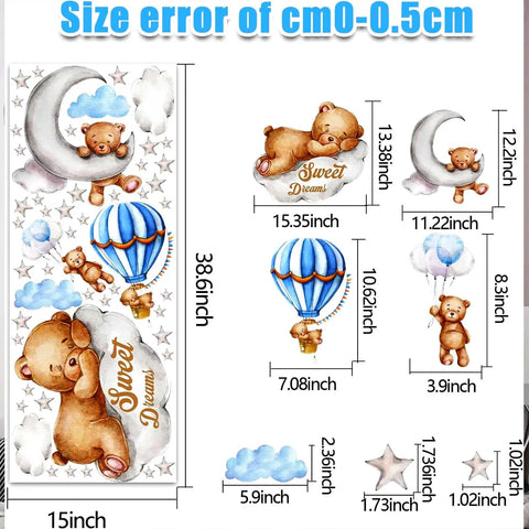 Moon And Stars Sleeping Bear Wall Stickers Set For Nursery Decor with dreamy hot air balloon and star decals layout.