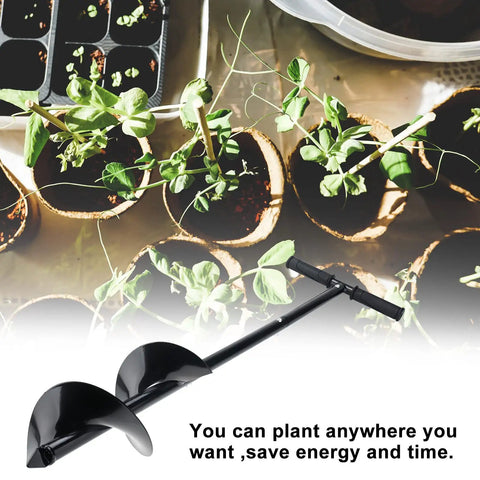 Image of Heavy Duty Garden Auger Drill Bit 5.9 Inch by 33 Inch handheld post hole digger with plants and non-slip handle.
