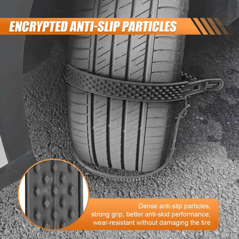 Built Tough Universal Car Snow Tire Chains Reusable Tpu Anti Skid Grips mounted on tire showing anti-slip particles for icy roads.