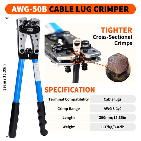 Heavy Duty Battery Cable Crimp Tool Kit Go To Eight To One Aught AWG Cables With Twelve Copper Lugs, close-up.