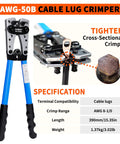 AWG 50B cable lug crimper with blue handles, designed for AWG 8 to 1/0 wire crimping, showing tighter cross-sectional crimps.