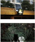 JUDYSSY Home Floodlight mounted on wooden roof with solar panel, illuminating trees in the dark, 50W, IP66 waterproof.