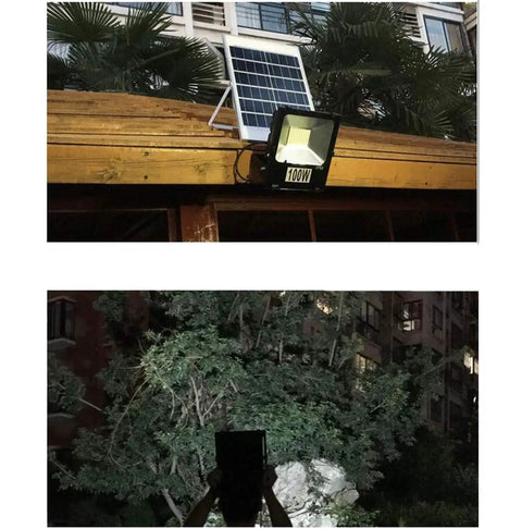 JUDYSSY Home Floodlight mounted on wooden roof with solar panel, illuminating trees in the dark, 50W, IP66 waterproof.