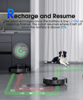 Smart Robot Vacuum And Mop With LiDAR Mapping for real-time home cleaning navigates around dog, showcasing recharge and resume feature.